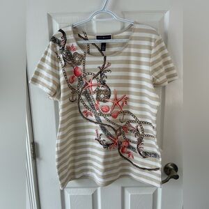 Karen Scott Tan  Striped Tee with Nautical, Rhinestone And Stud Details